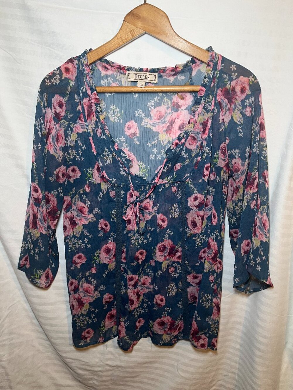 Decree Blue Floral Boho Sheer Blouse Size Large